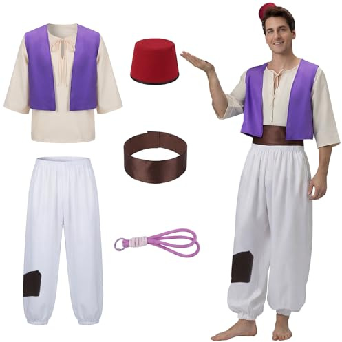 Kitimi Aladin Kostüm Männer 1001 Nacht Kos tüm Mit Araber Weste, Aladdin Wunderlampe, Hemd, Hut, Hose, Aladin Kos tüm Herren Geeignet FüR Fasching Karneval MaskenbäLle Cosplay
