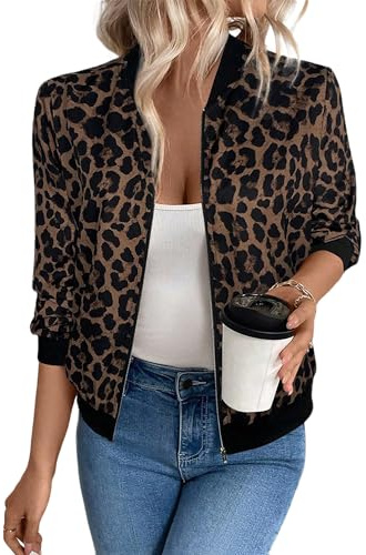 LEBOOBELL Women's Leopard Bomber Jacket Full Zip Coat Lightweight Flight Baseball Jackets Spring Autumn Outerwear Brown M