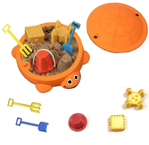 Mini Turtle Sandbox with Lid for Desk, Portable Sand Toy with Molds Mini Tools, Minis Zen Garden Kit, Desktop Decor Accessories for Home and Office, Stress Relief Novelty Gift for Kid Adult (Orange)