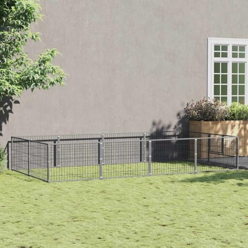 Hundezwinger Silbern 8 m² Stahl mit abschließbarer Tür, robuster und strapazierfähiger Außenkäfig aus Maschendraht für Gute Belüftung und Sicherheit, großer Hundeauslauf
