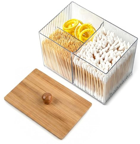 Solvio Clear Cotton Pad Holder and Cotton Bud Dispenser 3 Compartment Storage Jars with Bamboo Lid for Bathroom Dressing Table Accessories