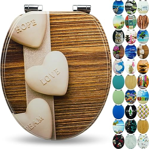 SANFINO® Premium WC Sitz mit Absenkautomatik – hochwertige Toilettendeckel aus Holz, viele bunte Motive, hoher Sitzkomfort, einfache Montage inklusive Montageanleitung – Hearts