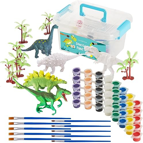 THE TWIDDLERS 3D Dinosaur DIY Craft Kit with 5 Dinosaur Figurines, Complete Set Including 5 Paint Sets, 5 Brushes, and 5 Tree Accessories, Kids Gift Set Activity