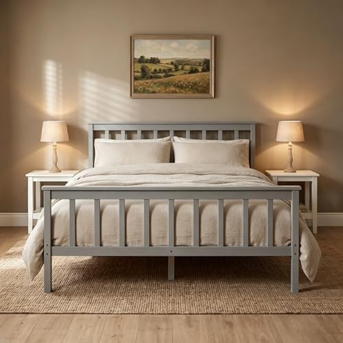 Panana 4.6FT Double Bed Solid Wood Bed Frame Wooden For Adults, Kids, Teenagers (Grey)