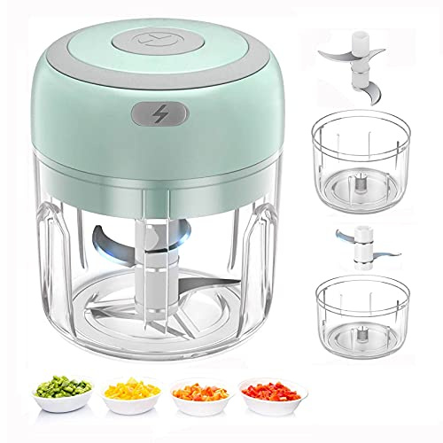 Mini picador eléctrico de alimentos, recargable pequeño procesador de alimentos para ajo, puré, cebolla, hierba, verduras, jengibre, licuadora de frutas (250 ml+100 ml, 2 tazas, verde)