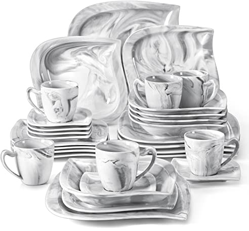 MALACASA Marble Grey Dinnerware Sets, 30-Piece Porcelain Dinnerware Set, Modern Plates and Bowls Set with Dinner Plate, Dessert Plate and Salad Pasta Bowl, Cup and Saucer, Service for 6, Series Elvira