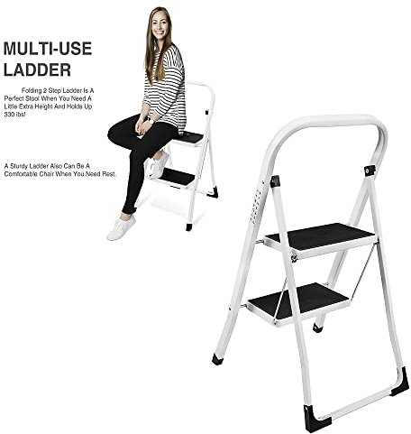 2 Step Stool Folding Step Stools for Adults with Handgrip，with Anti-Slip Tread Step Lightweight Multi Purpose