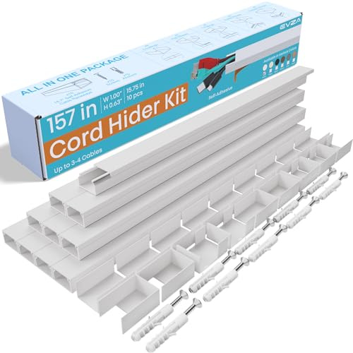 Evza Cable Trunking, 4M Trunking for Electric Cables, Cable Cover White, Self Adhesive Wire Cover, Cable Raceway, Cord Concealer, Cable Management to Hide 3-4 Power Cords, 10X L400mm, W25mm, H16mm