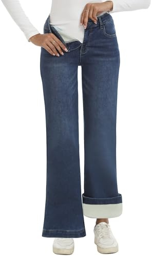 LOOKUB Fleece Lined Jeans Women High Waisted Stretchy Winter Jeans Warm Thermal Pants Thick Bell Bottom Wide Leg Jeans Woman,Dark Blue,US4