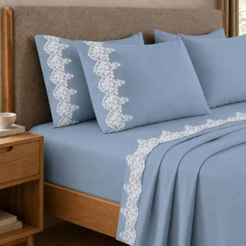 PETTI Artigiani Italiani - Set Lenzuola Matrimoniali Percalle Cotone con Pizzo Macramè Azzurro, Completo Letto 4 Pezzi, 100% Made in Italy