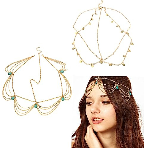 SJBAUTYO 2 Pcs Catena per la Testa Stile Bohémien Con Ciondolo in Cristallo, Fascia a Strati Con Paillettes Dorate, Accessori Per Capelli Da Sposa e Festival Per Donne e Ragazze (Oro)