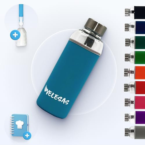 Velesas® Trinkflasche 1l | 500ml mit Schutzhülle | Glasflasche 500ml spülmaschinenfest mit Neoprenhülle und Edelstahldeckel | Wasserflasche für Schule, Arbeit, Fitnesssport, BPA-Frei | Hellblau