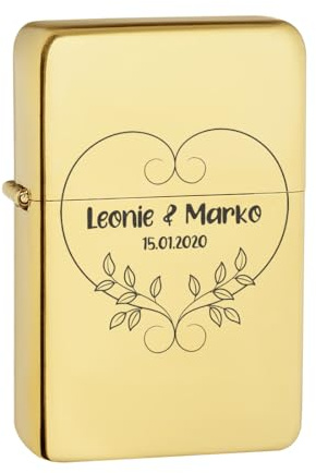 Benzin Feuerzeug in Gold mit Gravur als Hochzeitsgeschenk - Paar-Geschenk Verlobung, Jahrestag und Hochzeit - Sturmfeuerzeug mit Namen