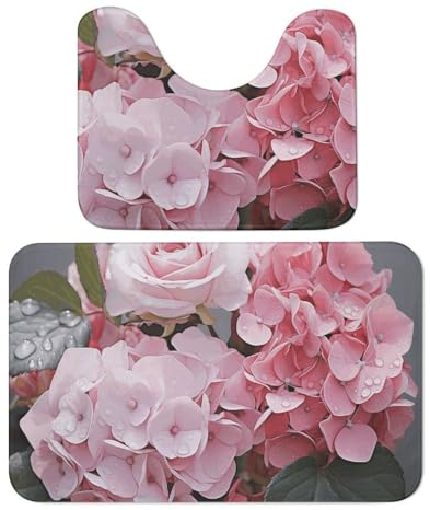 Badezimmerteppich-Set, weich, saugfähig, Mikrofaser, U-förmiger WC-Vorleger, rutschfester Badteppich, rosa Rose, Hortensien, Badematten für Badezimmer, Badewannenmatte, 2-teilig