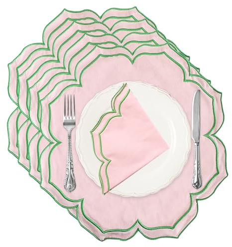 MIKI WELL Scalloped Embroidery Cloth Napkins Set of 4 15X15 Cotton Napkins for Potluck Party Wedding Table Decor(Round Pink with Green Trim)