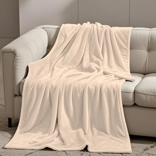 GOUTUI Plaid Polaire 90 x 220 cm Flanelle Doux et Chaude Plaid Douillet Polyester pour Chambre Canapé Voyage, Beige