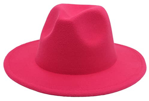 OLSKFUH Herbst Winter Einfacher Wollfilz Fedora-Hut Mit Großer Krempe Für Männer Und Frauen Wollkettenhut Klassischer Jazzhut,Rose Red 3-56-58cm