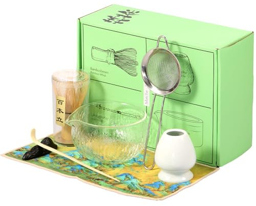 BAODBF Lot de 7 accessoires pour matcha avec bol à matcha en verre, matcha en bois, kit pour boire du thé