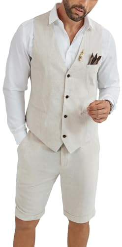 HUEZOE Herren-Leinenanzug, 2-teilig, Kurze Anzüge für Herren, lässig, Sommer, Strand, Bräutigam, Hochzeit, Anzug, Leinenweste, Shorts-Set, Beige, L