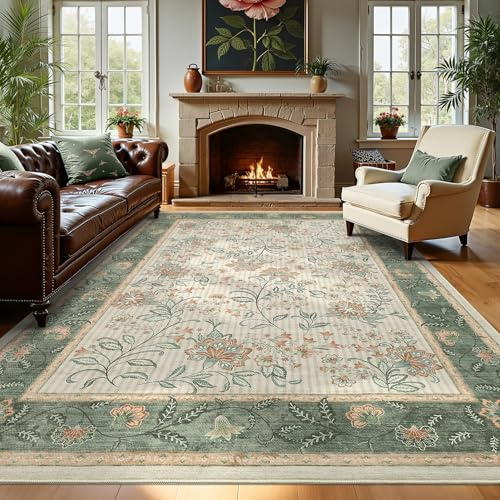 GarveeHome Area Rugs 8x10 for Living Room, Sage Green Botanical Floral Print Washable Rug Soft Non Slip Floor Mat Carpet Indoor Thin Cottage core Rug for Bedroom Dining Room Playroom Nursery Room