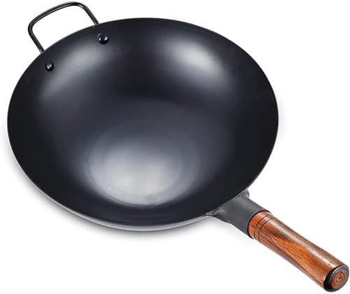 WOTZOV Wok in Ferro, Padella Asiatica per soffritto con Manico di Supporto, Design a Fondo Piatto per Una Cottura Versatile，36cm