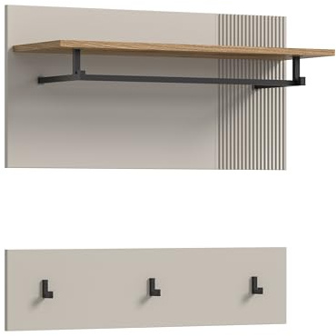 xonox.home – Garderobenpaneel Slide 80x80x28 cm in Kaschmir und Evoke Oak Nachbildung – Flurgarderobe mit Haken & Ablage in Holzoptik – Wandpaneel zeitlos & flach gebaut für Diele & Eingangsbereich