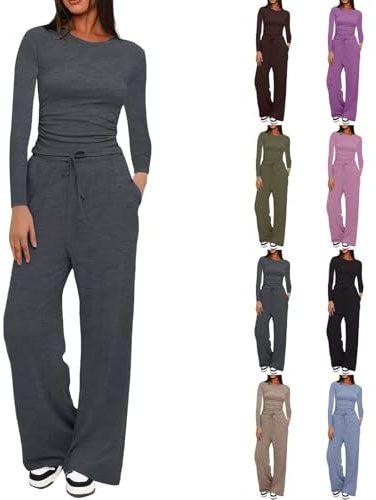 Couawaticy Two Piece Sets for Women Tracksuit Full Set Long Sleeve Tops Drawstring Elasticized Waist Wide Leg Trousers Casual Lounge Wear Co Ord Sets Matching Activewear Gym Sets