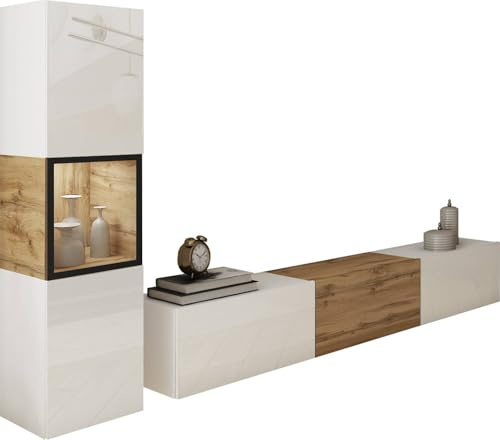Conjunto de Muebles de salón Berlin I, Juego de Muebles de salón, Mueble TV 180 cm, iluminación LED Opcional, Diferentes Acabados, Muebles de salón Modernos (Blanco/Wotan LED)