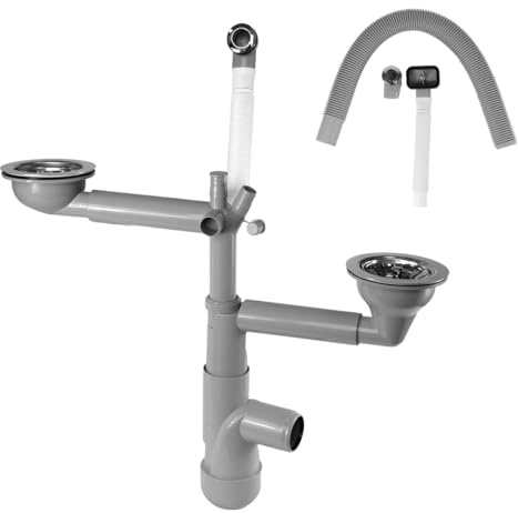 CRUDO PREMIUM Doppel Siphon Waschbecken Bad - 2-Kammer Raumsparsiphon Waschtisch - Abflussrohr Doppelwaschbecken mit Uberlauf,1 1/2 x 40