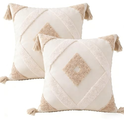 MEILIHEN 2er Set Moderner Boho-Kissenbezug 45x45cm, Baumwoll-Leinen-Kissenbezug mit Quaste, einfarbig，Wohnzimmer, Schlafzimmer，Geeignet für alle Arten von Raumdekoration（Diamant）
