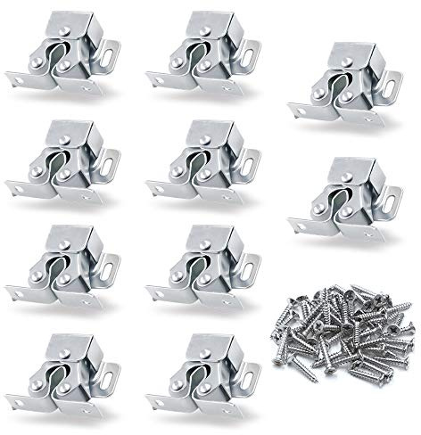 Luomorgo 10 Pack Double Roller Catch Cabinet Latches with Spear Strike for Cupboard Closet Door, Silver