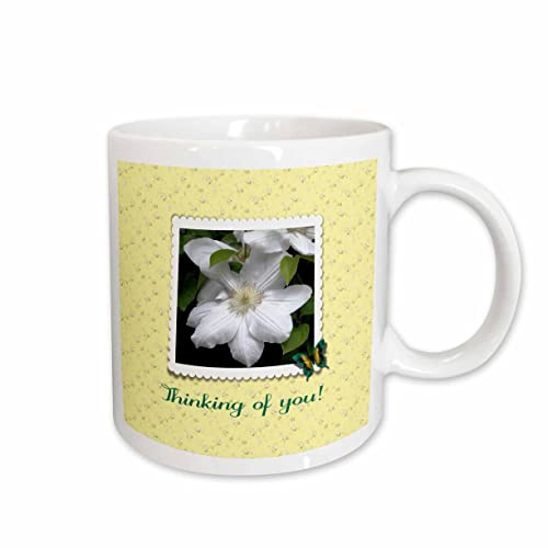 3dRose Thinking of you, Clematis, Scalloped Frame, Butterfly, Yellow Flowers 11oz Mug