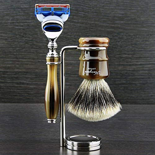 Horn Collection Cartridges Luxury Razor & Synthetic Badger Brush - Replaceable Cartridge (Included) Horn Resin Handle Men's Shaving Set