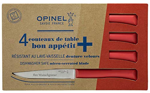OPINEL-Tafelmesser-Set „Bon Appetit“, 4-teilig (rot, mit Namensgravur, Medium)