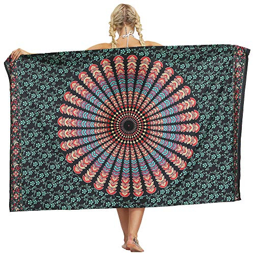 Nuofengkudu Ladies Sarong Skirt Hippie Floral Printed Swimsuit Coverups Wrap Holiday Wedding Party Beach Outfits(Green B,One Size)