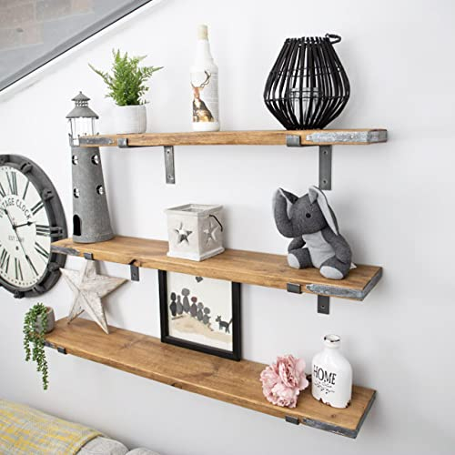 Statement Furniture | Rustic Scaffold Board Wall Shelves with Brackets; Industrial Shelf Brackets, Weathered End-Bands, Customiseable Colours and Lengths