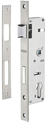 THIRARD - Caja de Cerradura Embutida a Cilindro para Carpintería Metálica - Eje 32 mm - Cuadrados - Zincado - Caja Acero - Tapa Inox - Medio Giro Reversible - Pestillo Aleación Niquelada - Gris