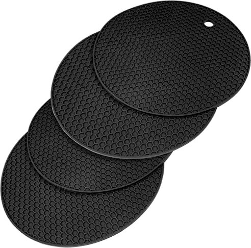 Uootach Lot de 4 Tapis de Dessous de Plat en Silicone Tapis, sous-Verre en Silicone antidérapant, Durable, étanche et antidérapant, Convient aux casseroles, poêles, théières et Bols(Noir)