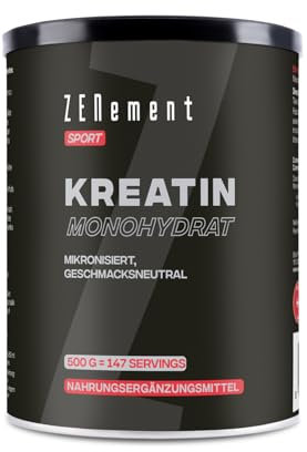 Creatin Monohydrat Pulver 500g, Kreatin Monohydrat in mikronisierter Qualität mit optimal hochdosiert | Reines, 100% Vegan, ohne Zusätze | für 147 Anwendungen | Zenement