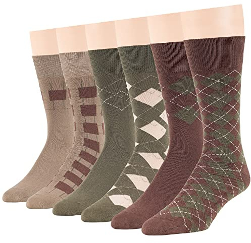 7BIGSTARS KINGDOM Men's Dress Socks Cotton -6 pack- Business Casual Seamless Diamond, Geometric Patern Sock Size 10-13 Shoe Size 9-12 L Brown, Olive Green, Khaki