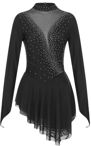 Oyolan Femme Robe Patinage Artistique Asymétrique Justaucorps Gymnastique Danse Strass Manches Longues Tenue Spectacle S-XXL Noir XL
