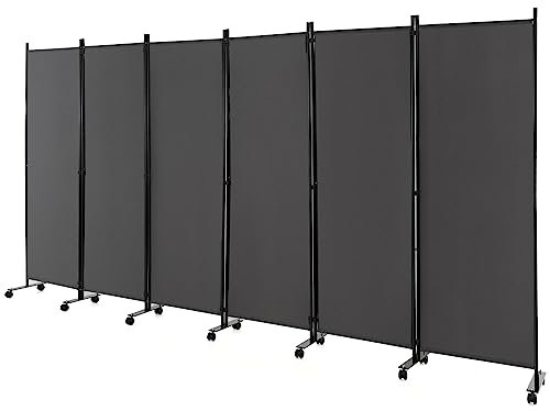 COSTWAY 6 Panel Folding Room Divider, Rolling Wall Privacy Screen Protector with Wheels, Freestanding Paravent Partition Separator for Living Room, Bedroom and Office, 335 x 172cm (Grey)