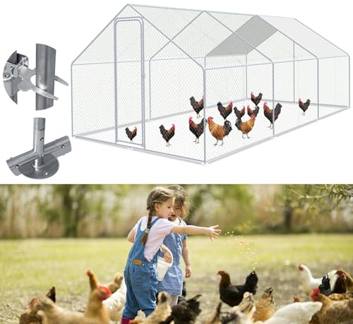 Fiqops Hühnerstall, 3x6x2m Hühnerhaus Freilaufgehege mit Sonnenschutzdach Wasserdichtes PE-Farbtuch, Verzinkter Stahl Kleintierstall Hühnerhaus Dach Geflügelstall Hühnerkäfig