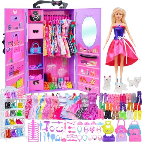 Ecore Fun 86 Pcs Doll Accessories with Closet Wardrobe for 11.5 Inch Dolls Dress Up Set Including Wardrobe Handbags Dress Shoes Hangers Necklace Pet and Other Accessories (No Doll)…