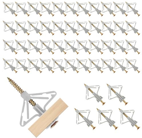 100 Pcs Plasterboard Wall Plugs and Screws, Plasterboard Fixings Set, Butterfly Type Heavy Expansion Tube Plasterboard Anchor Screw for TV Wall Brackets and Hollow Walls (50 Anchors + 50 Screws)