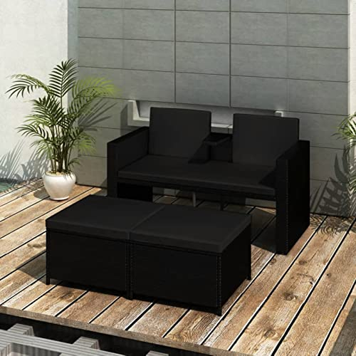 Generisch Gartensofa Ausziehbar 2 Sitzer Balkon Sofa mit Hocker Rattan Sofa Balkon Lounge Klein Polyrattan Lounge Sofa Outdoor Rattansofa Balkonmöbel Gartenlounge Loungemöbel