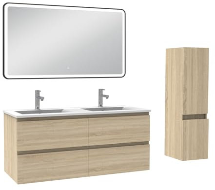 AICA Meuble Salle de Bain 120cm Double Vasque avec Colonne + Miroir 3 Couleurs Chêne Wotan