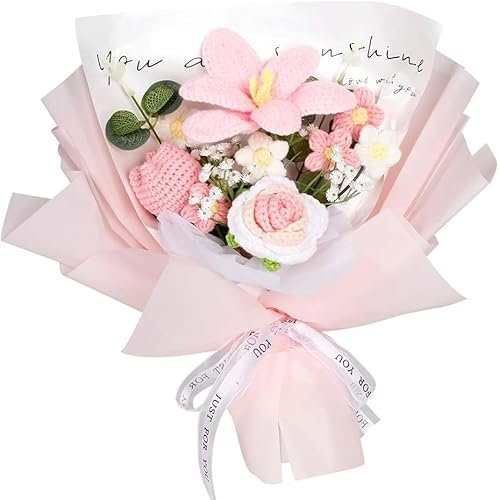 TOTOOSE Crochet Tulip Rose Flower Bouquet: Artificial Handmade Knitted Bouquet for Valentine's Day | Mother's Day | Birthday | Home Decor (Pink)