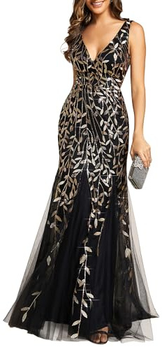Ever-Pretty Women's Sexy V Neck Sleeveless Elegant Floor Length Long Mermaid Prom Evening Dresses Black Gold 10UK