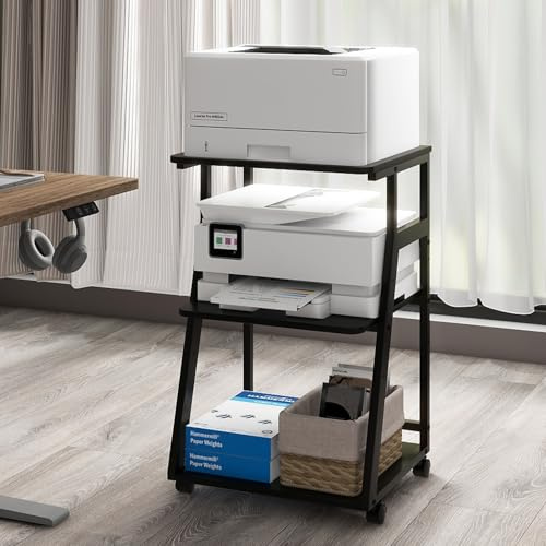 PUNCIA 50x40x75cm Printer Stand, 3 Tier Printer Table with Storage | Rolling Cart with Adjustable Storage Shelf for Home Office Organization, Stand for Heat Press,3D Printer (Black)